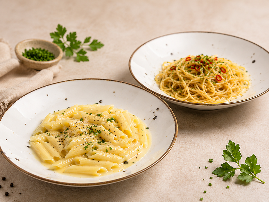 Dwa szybkie obiady PKU z makaronem Apromé - spaghetti aglio olio i kremowe penne
